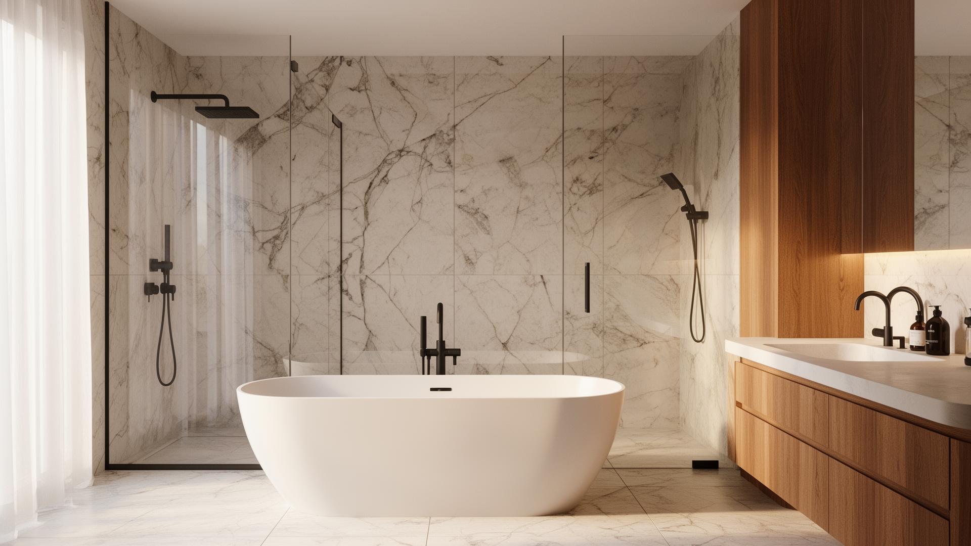 Renovated bathroom with tile shower and modern vanity