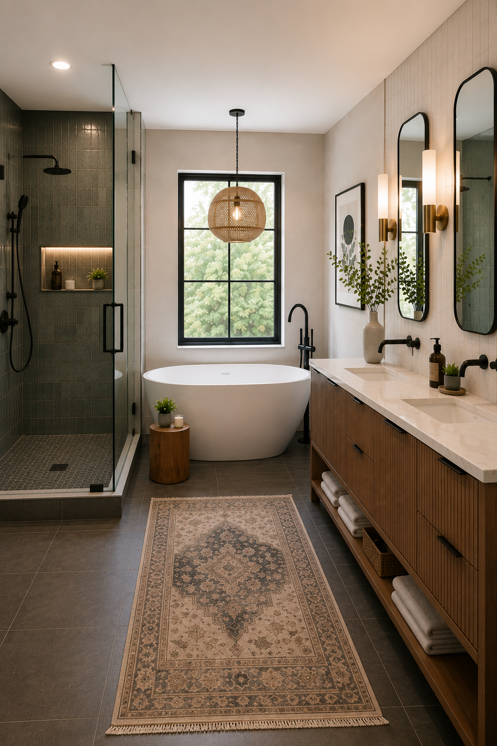 Renovated spa-style bathroom with tile shower