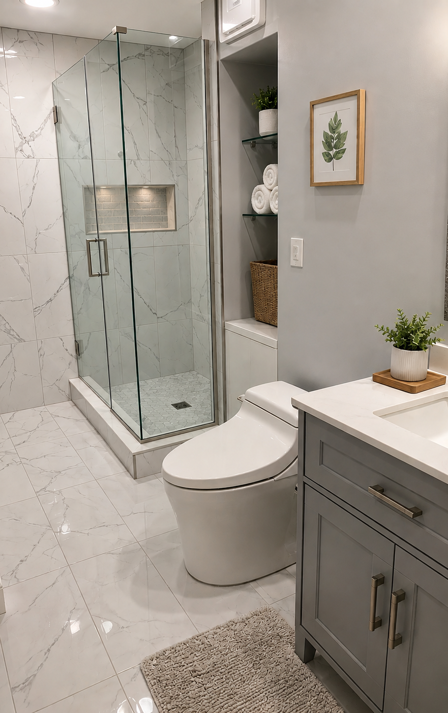 Marble shower & grey vanity bath